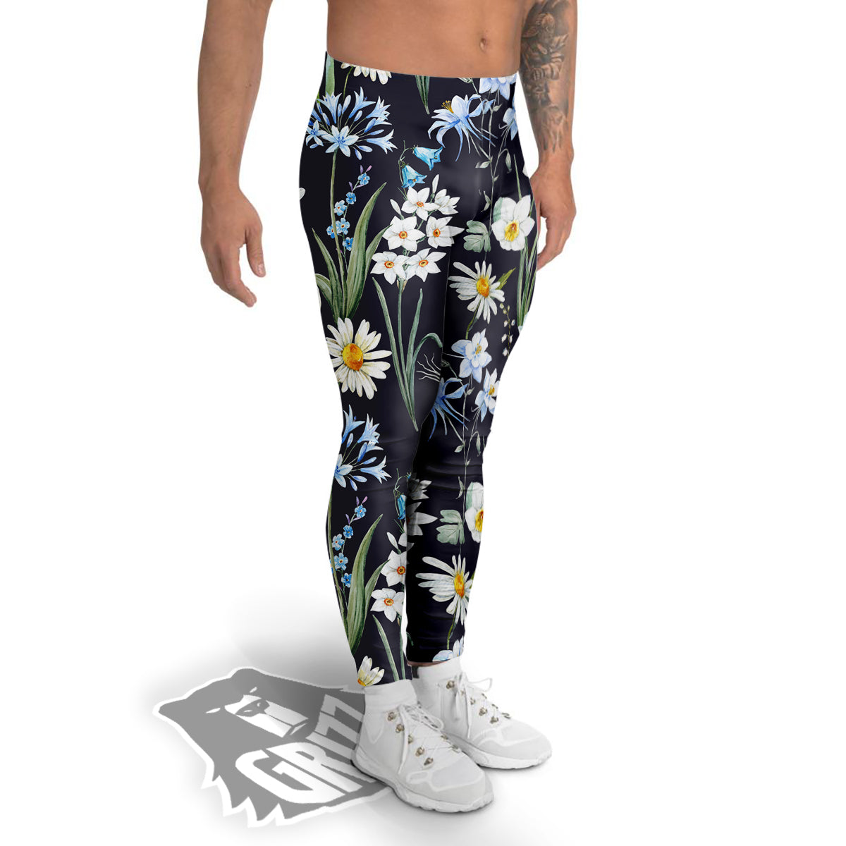 Flower White Daffodil Print Pattern Men's Leggings-grizzshop