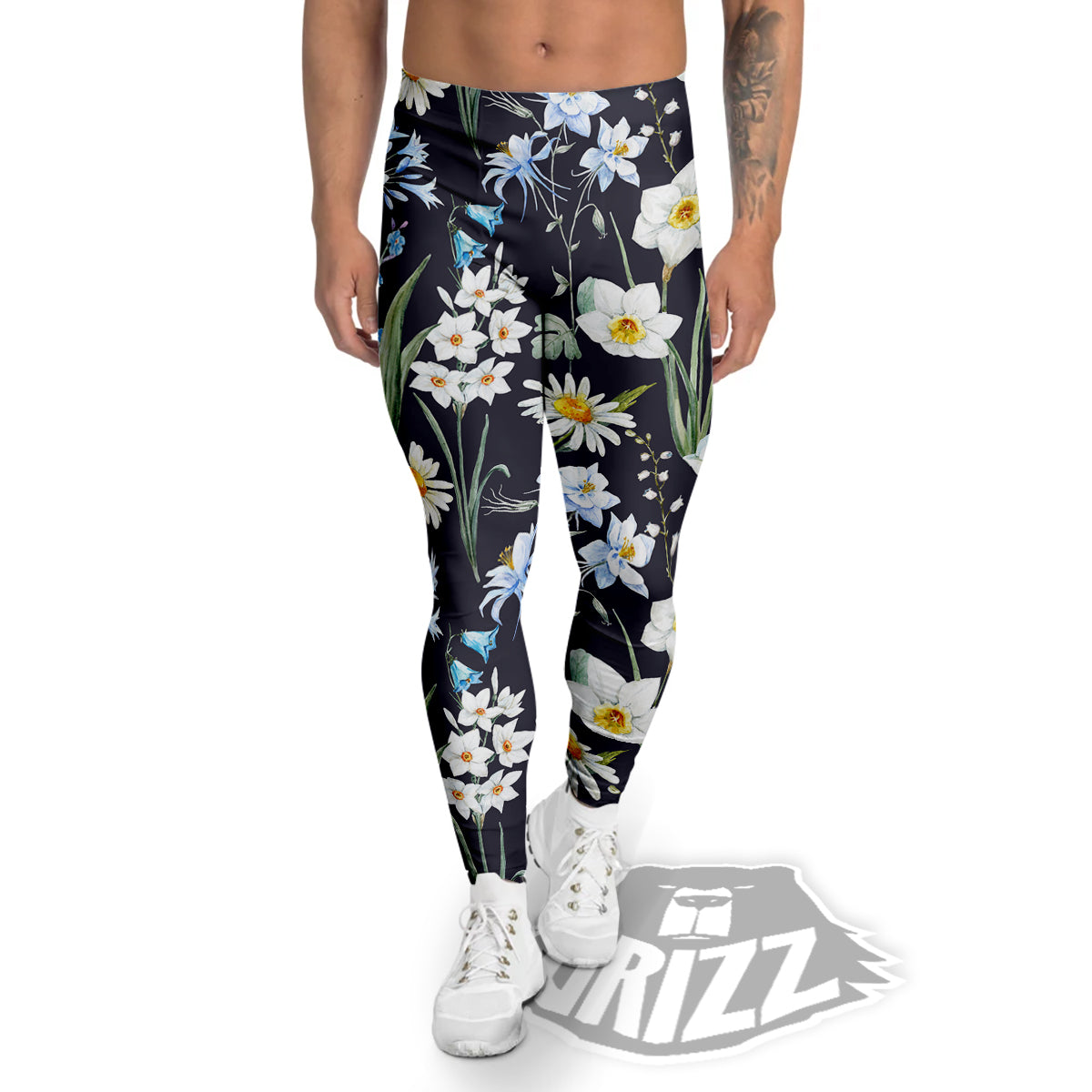 Flower White Daffodil Print Pattern Men's Leggings-grizzshop
