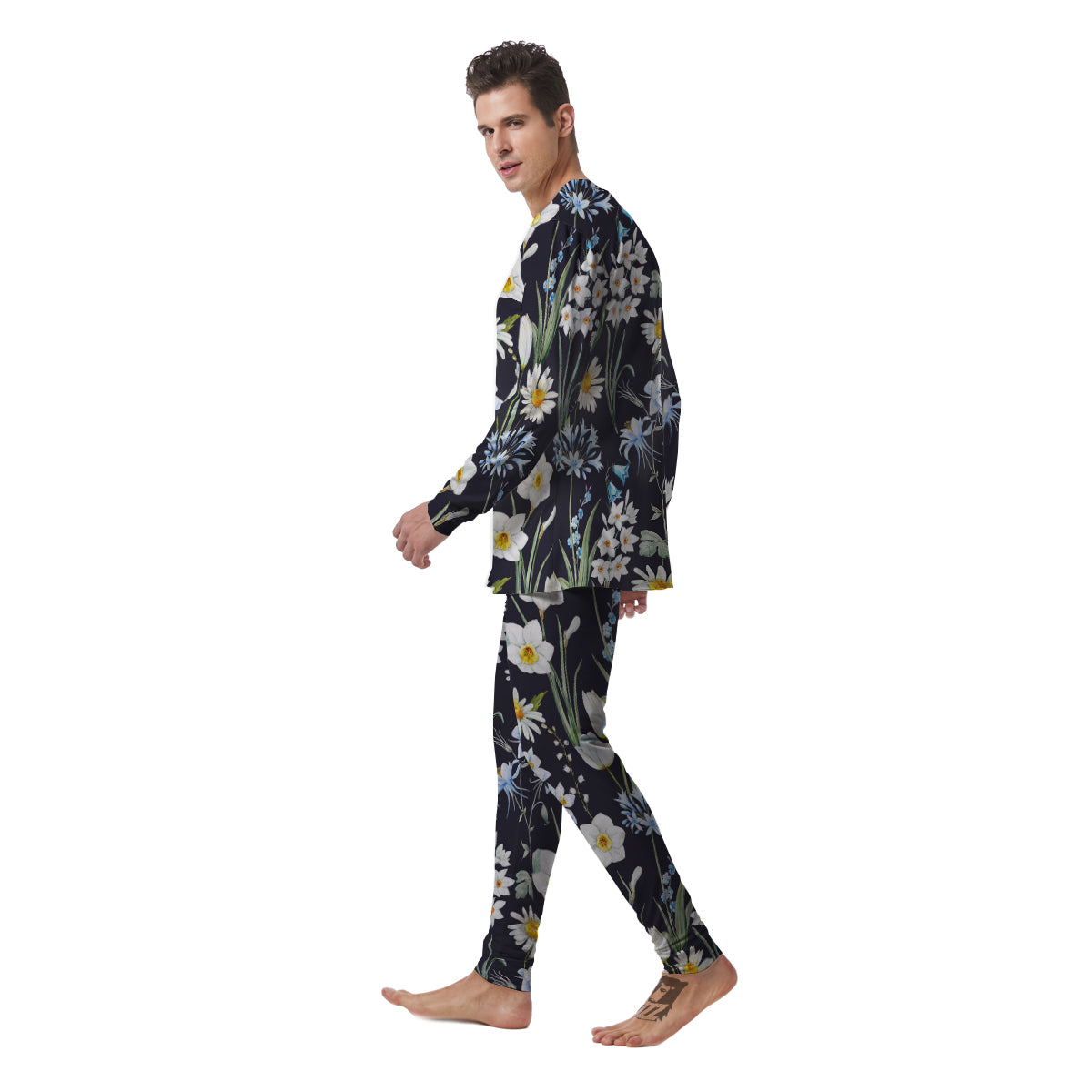 Flower White Daffodil Print Pattern Men's Pajamas-grizzshop