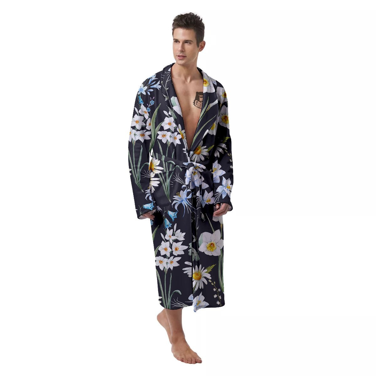 Flower White Daffodil Print Pattern Men's Robe-grizzshop