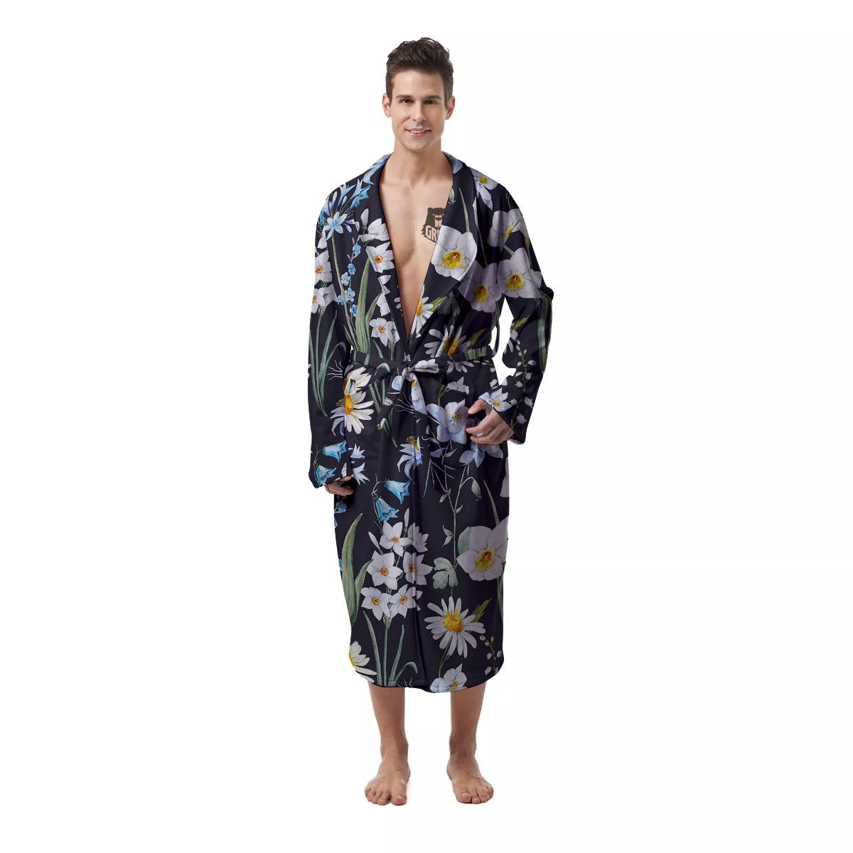 Flower White Daffodil Print Pattern Men's Robe-grizzshop