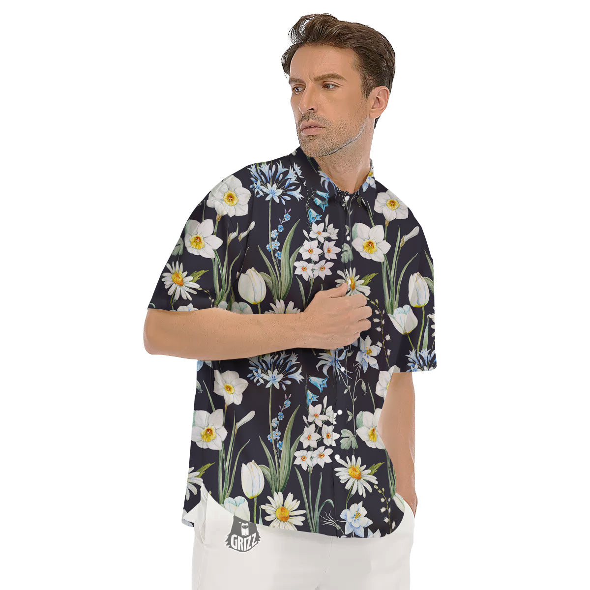 Flower White Daffodil Print Pattern Men's Short Sleeve Shirts-grizzshop