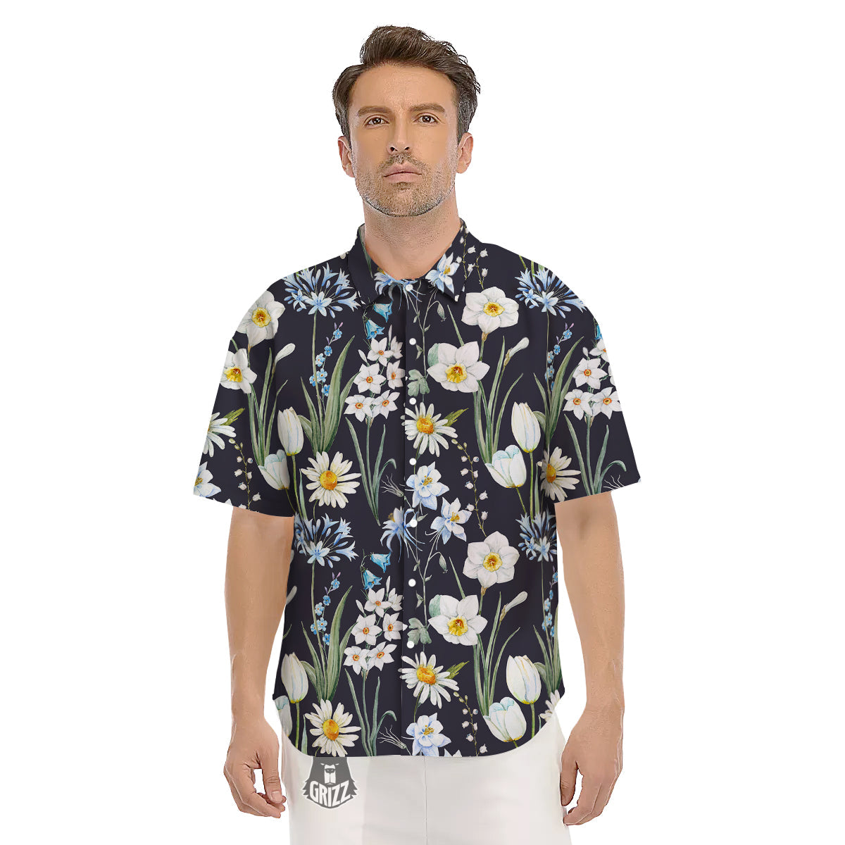 Flower White Daffodil Print Pattern Men's Short Sleeve Shirts-grizzshop