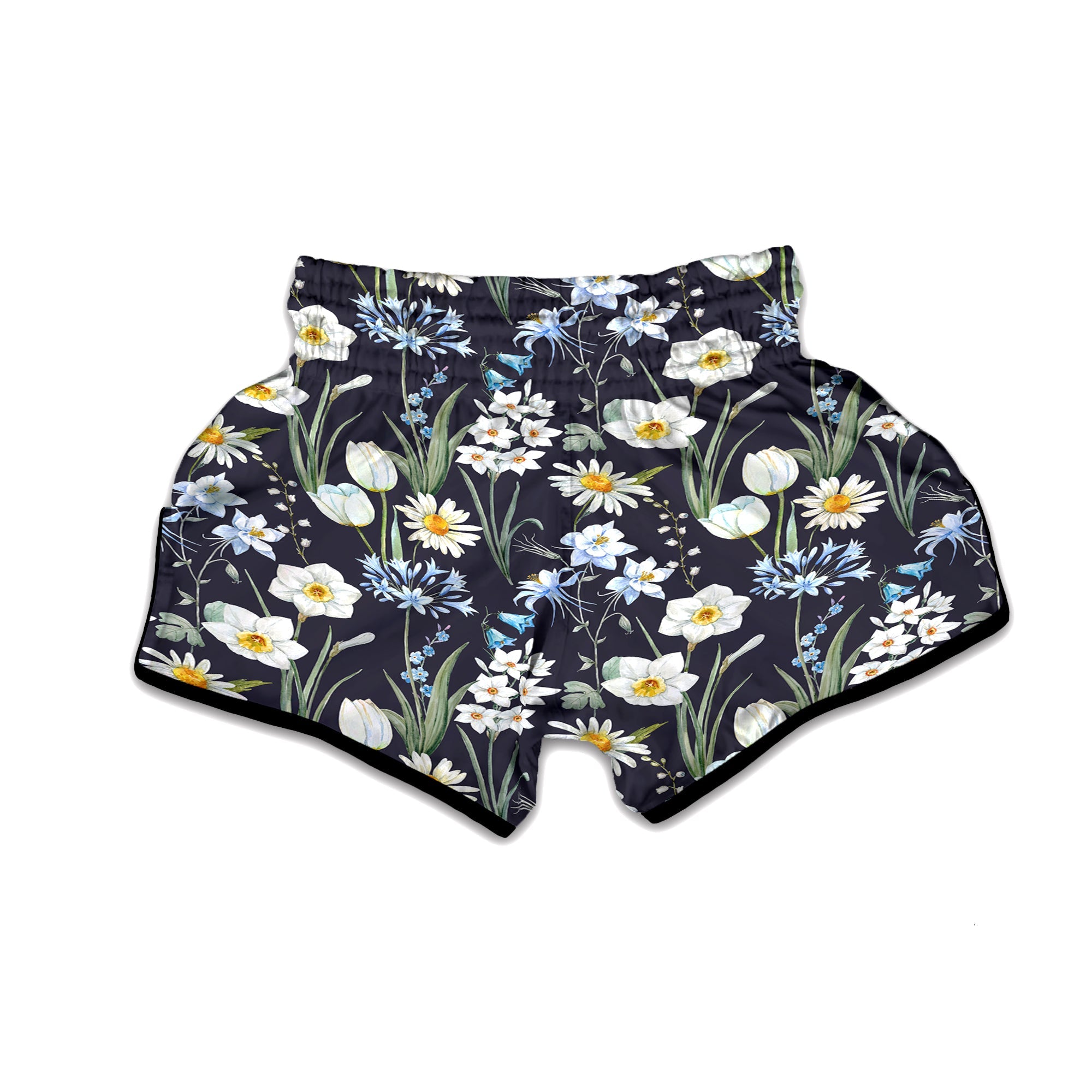 Flower White Daffodil Print Pattern Muay Thai Boxing Shorts-grizzshop