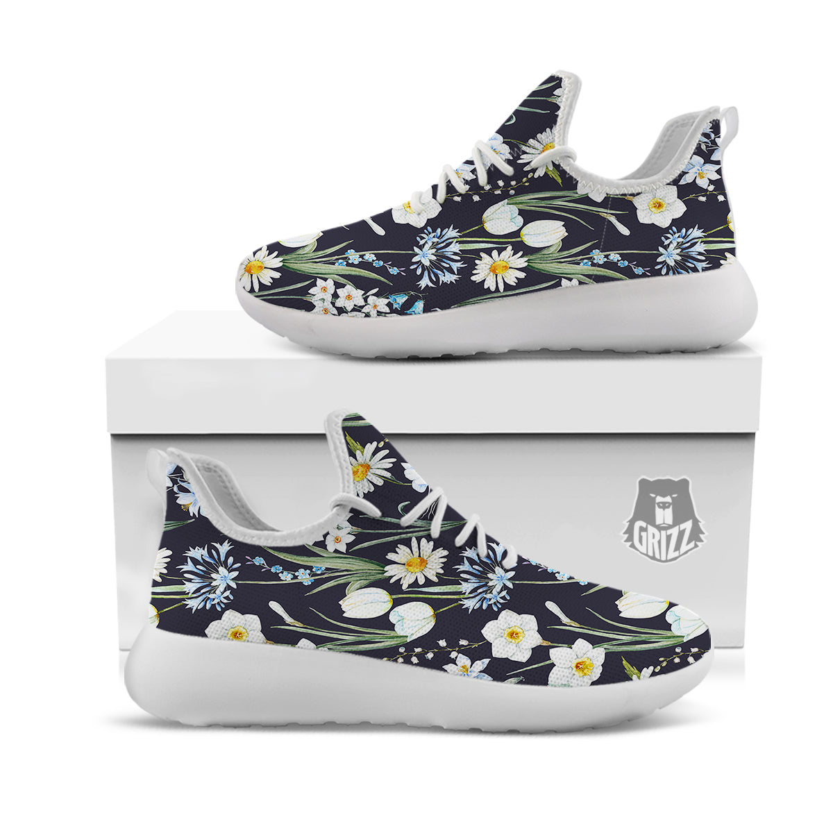 Flower White Daffodil Print Pattern White Athletic Shoes-grizzshop