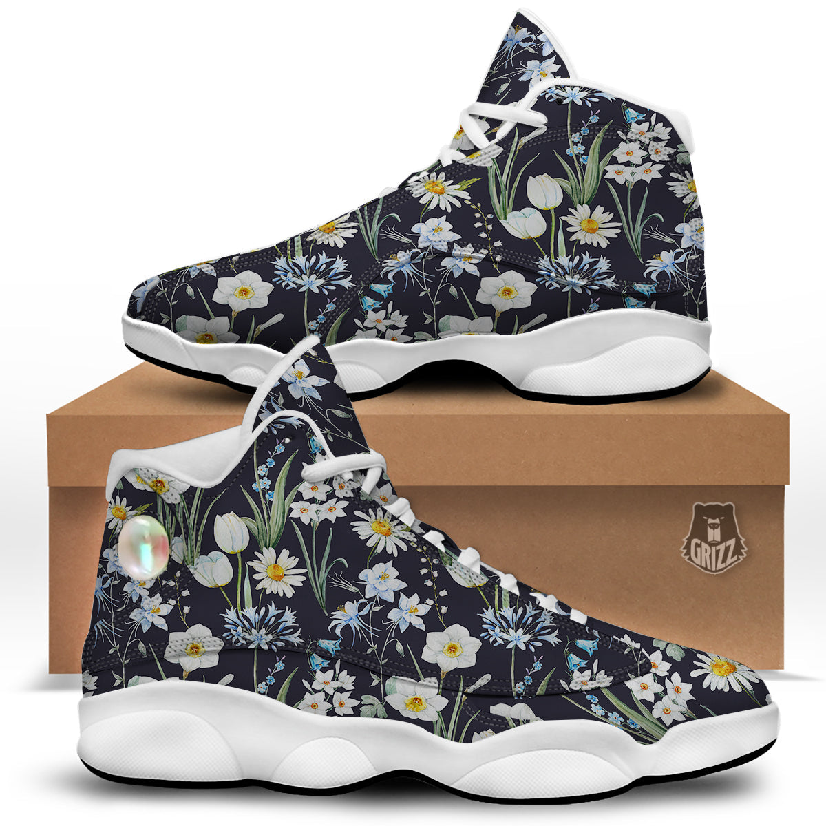 Flower White Daffodil Print Pattern White Basketball Shoes-grizzshop