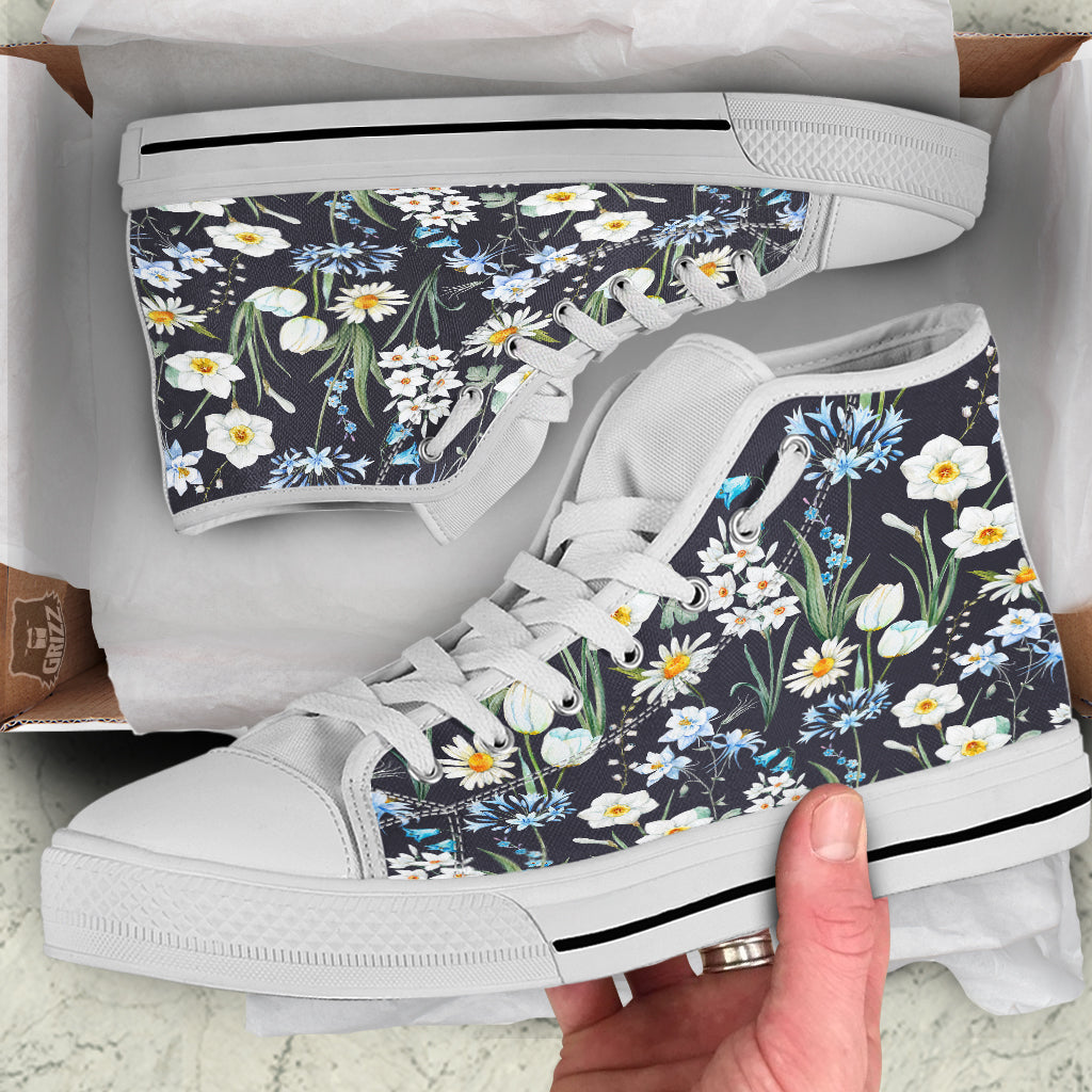 Flower White Daffodil Print Pattern White High Top Shoes-grizzshop