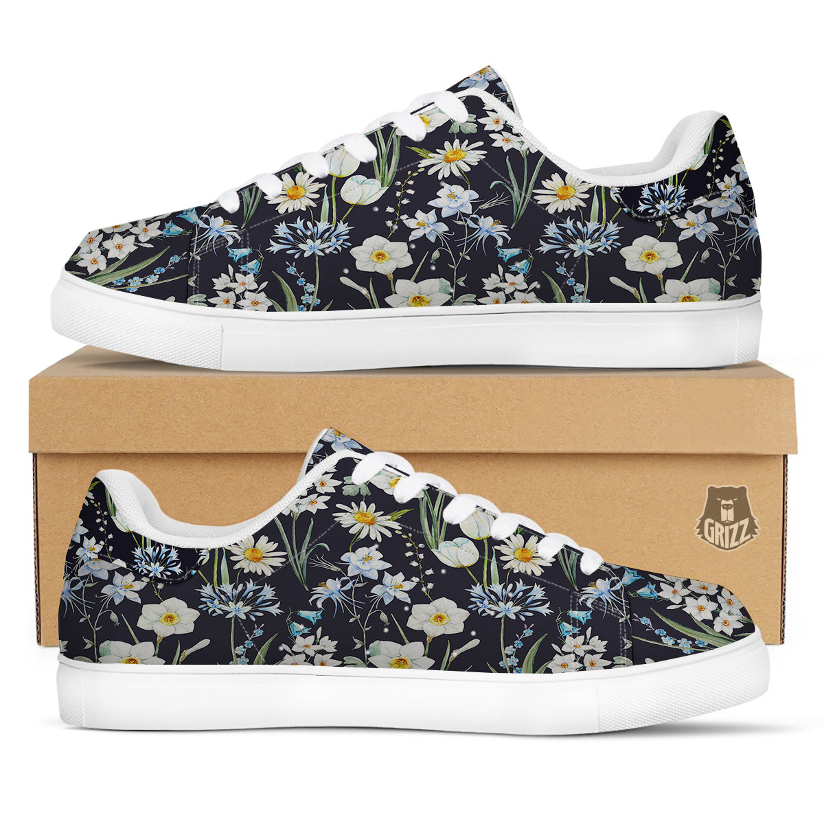Flower White Daffodil Print Pattern White Low Top Sneakers-grizzshop