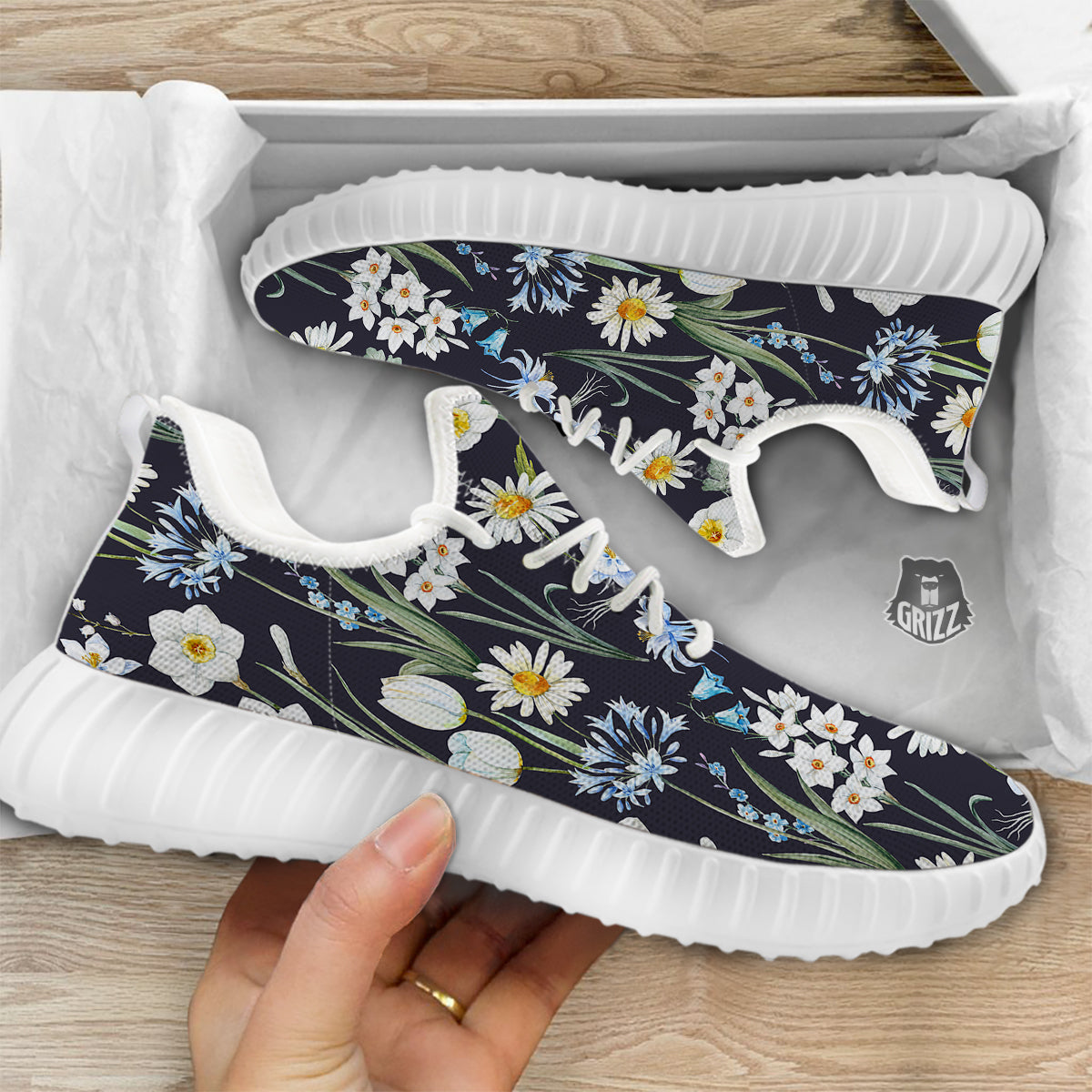 Flower White Daffodil Print Pattern White Walking Shoes-grizzshop