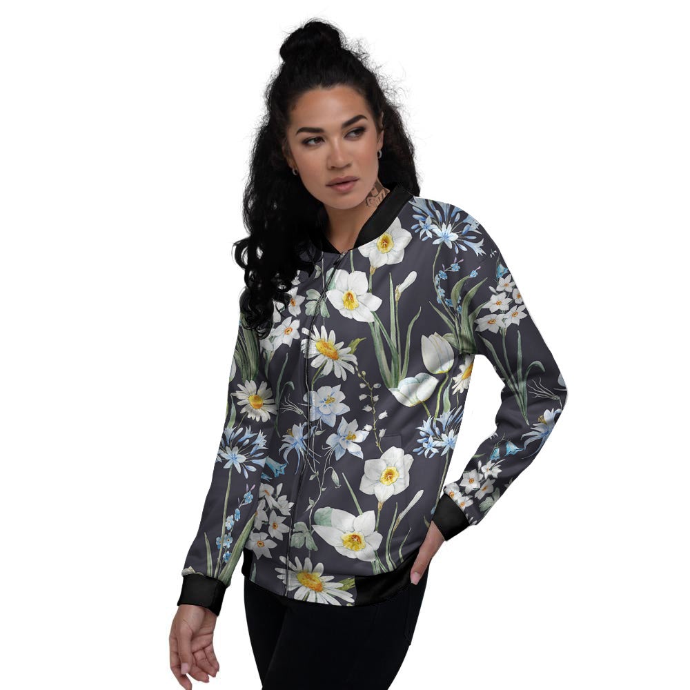 Flower White Daffodil Print Pattern Women's Bomber Jacket-grizzshop