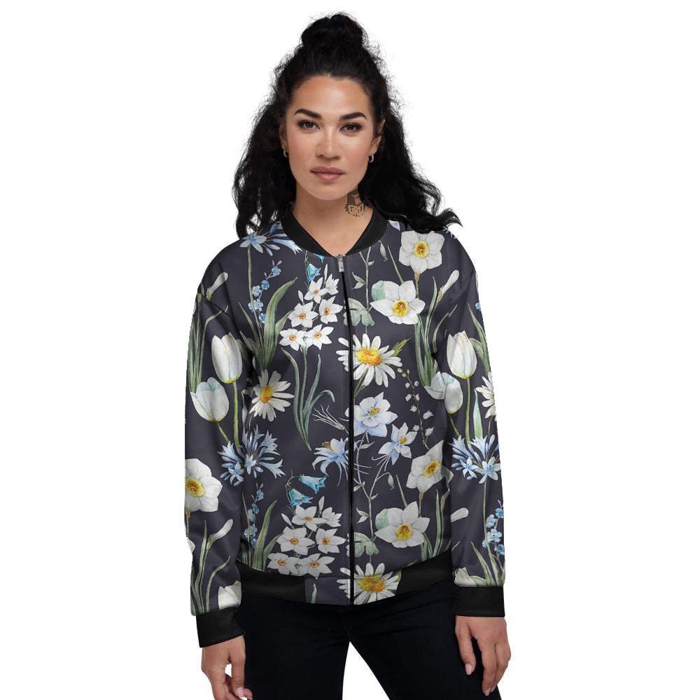 Flower White Daffodil Print Pattern Women's Bomber Jacket-grizzshop