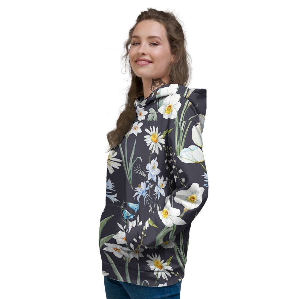 Flower White Daffodil Print Pattern Women's Hoodie-grizzshop