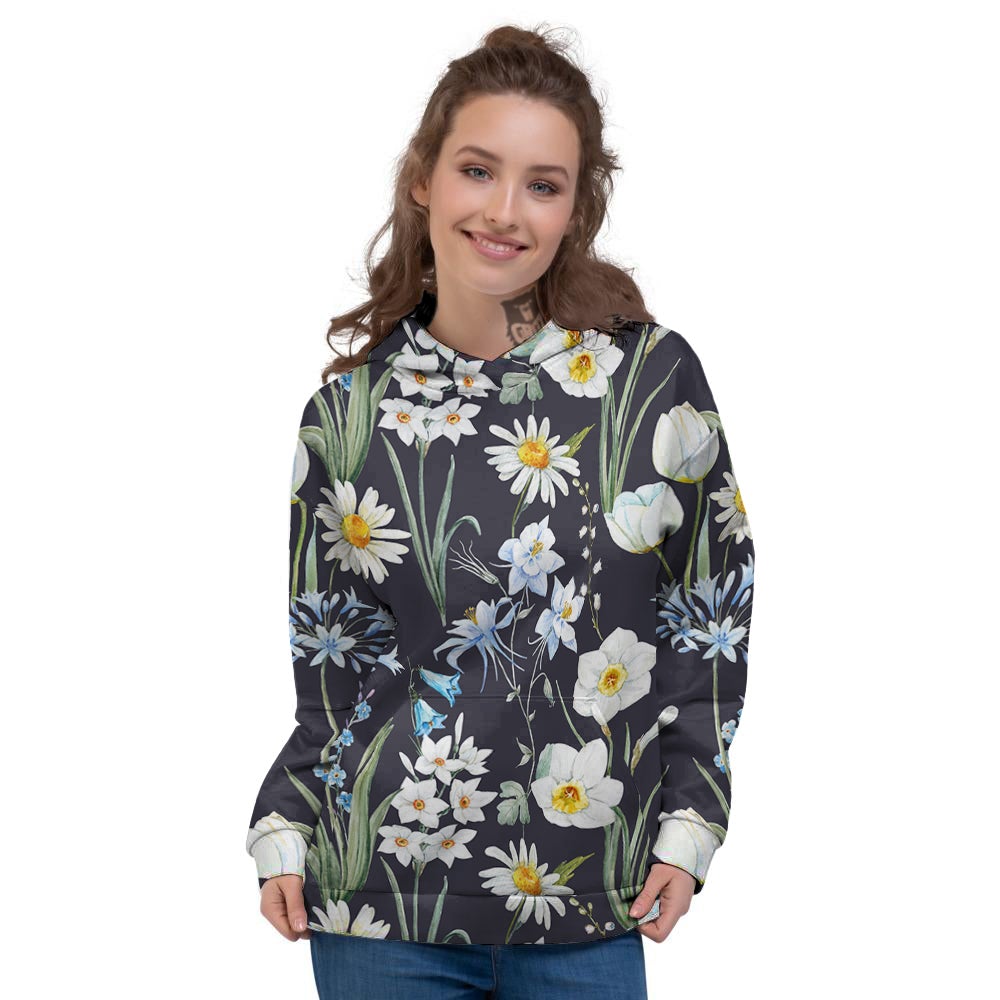 Flower White Daffodil Print Pattern Women's Hoodie-grizzshop