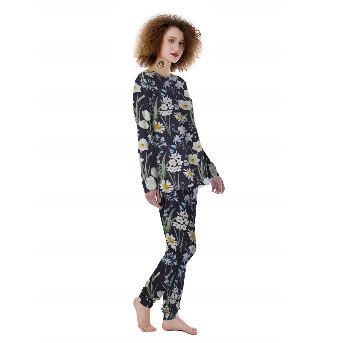 Flower White Daffodil Print Pattern Women's Pajamas-grizzshop