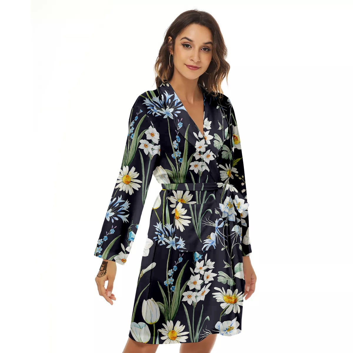 Flower White Daffodil Print Pattern Women's Robe-grizzshop
