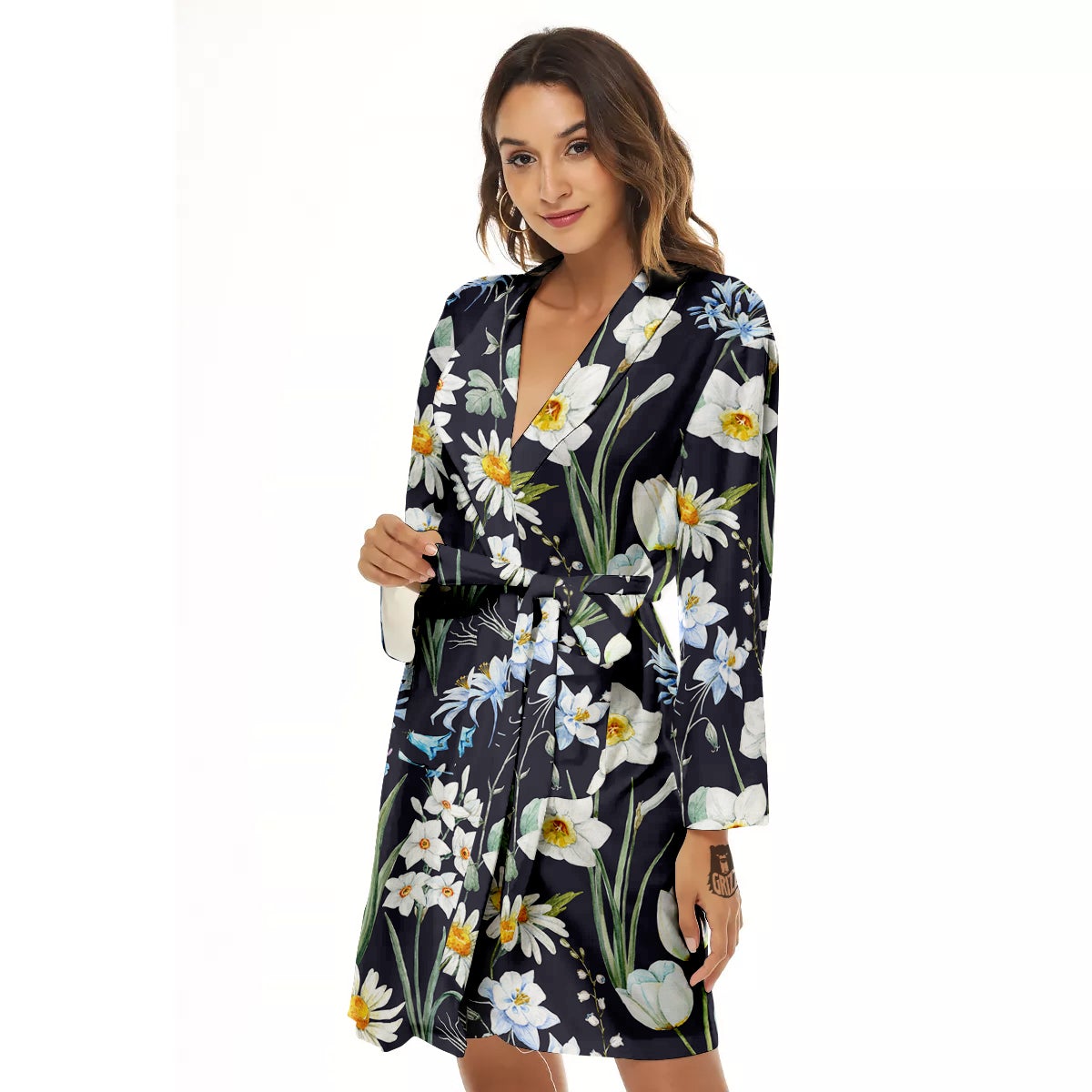 Flower White Daffodil Print Pattern Women's Robe-grizzshop