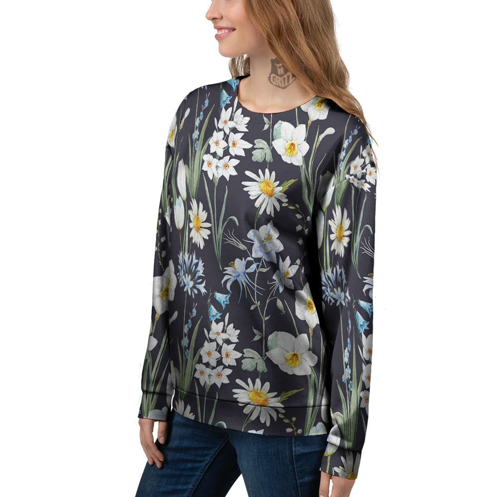 Flower White Daffodil Print Pattern Women's Sweatshirt-grizzshop