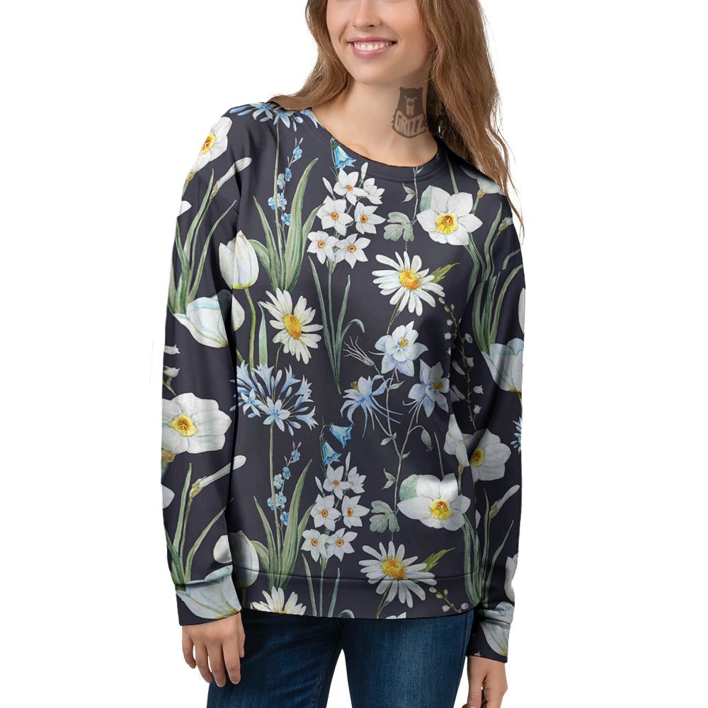 Flower White Daffodil Print Pattern Women's Sweatshirt-grizzshop