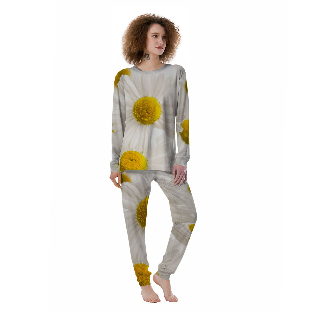 Flower White Daisy Print Women's Pajamas-grizzshop