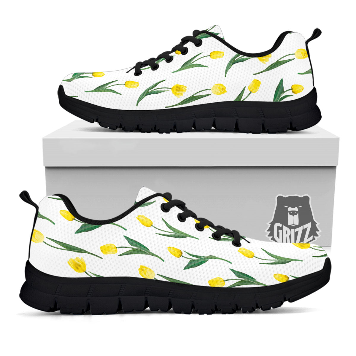 Flower Yellow Tulip White Print Pattern Black Sneaker-grizzshop