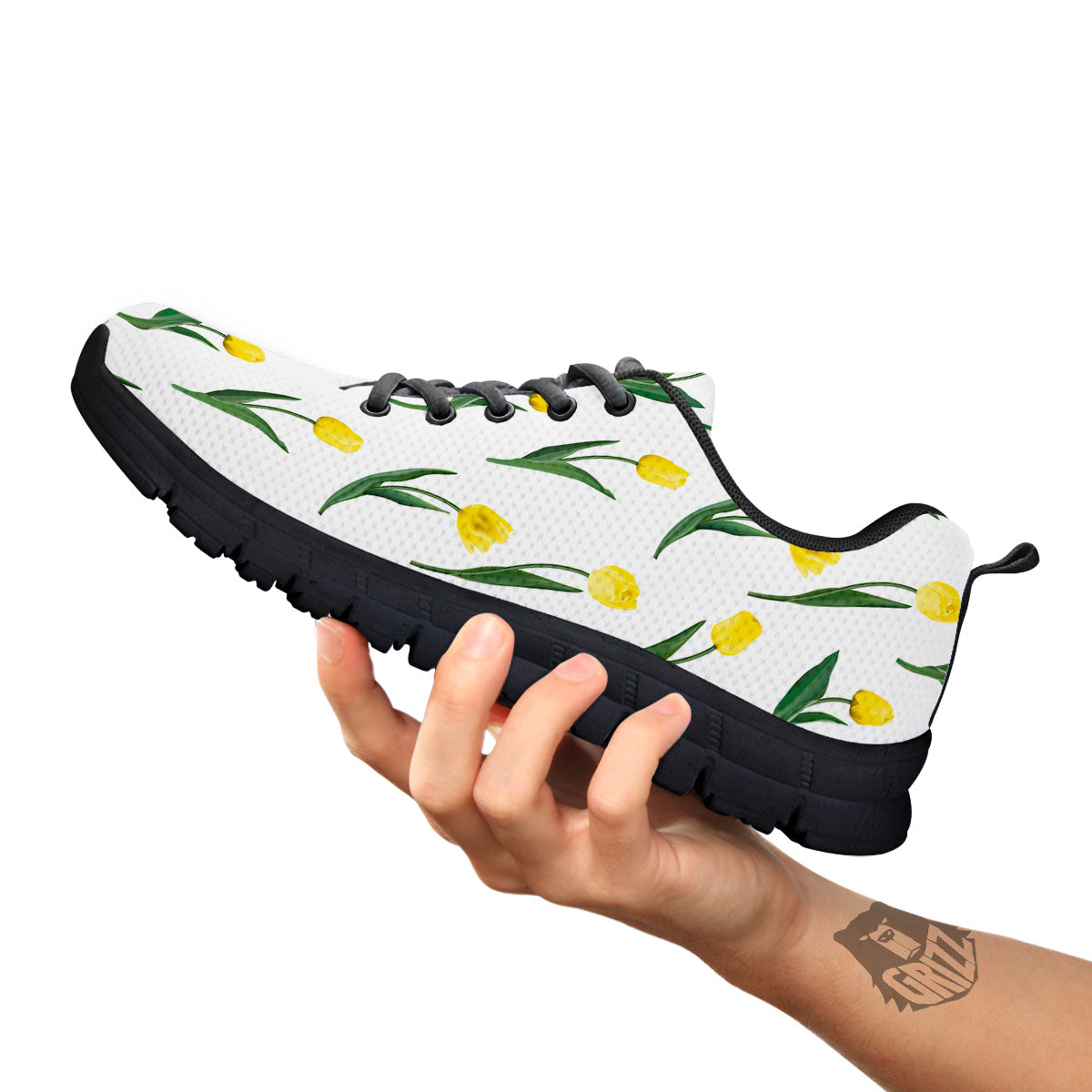 Flower Yellow Tulip White Print Pattern Black Sneaker-grizzshop