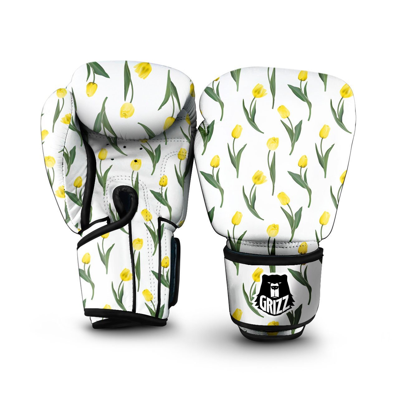 Flower Yellow Tulip White Print Pattern Boxing Gloves-grizzshop