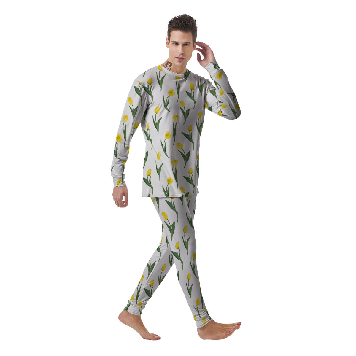 Flower Yellow Tulip White Print Pattern Men's Pajamas-grizzshop