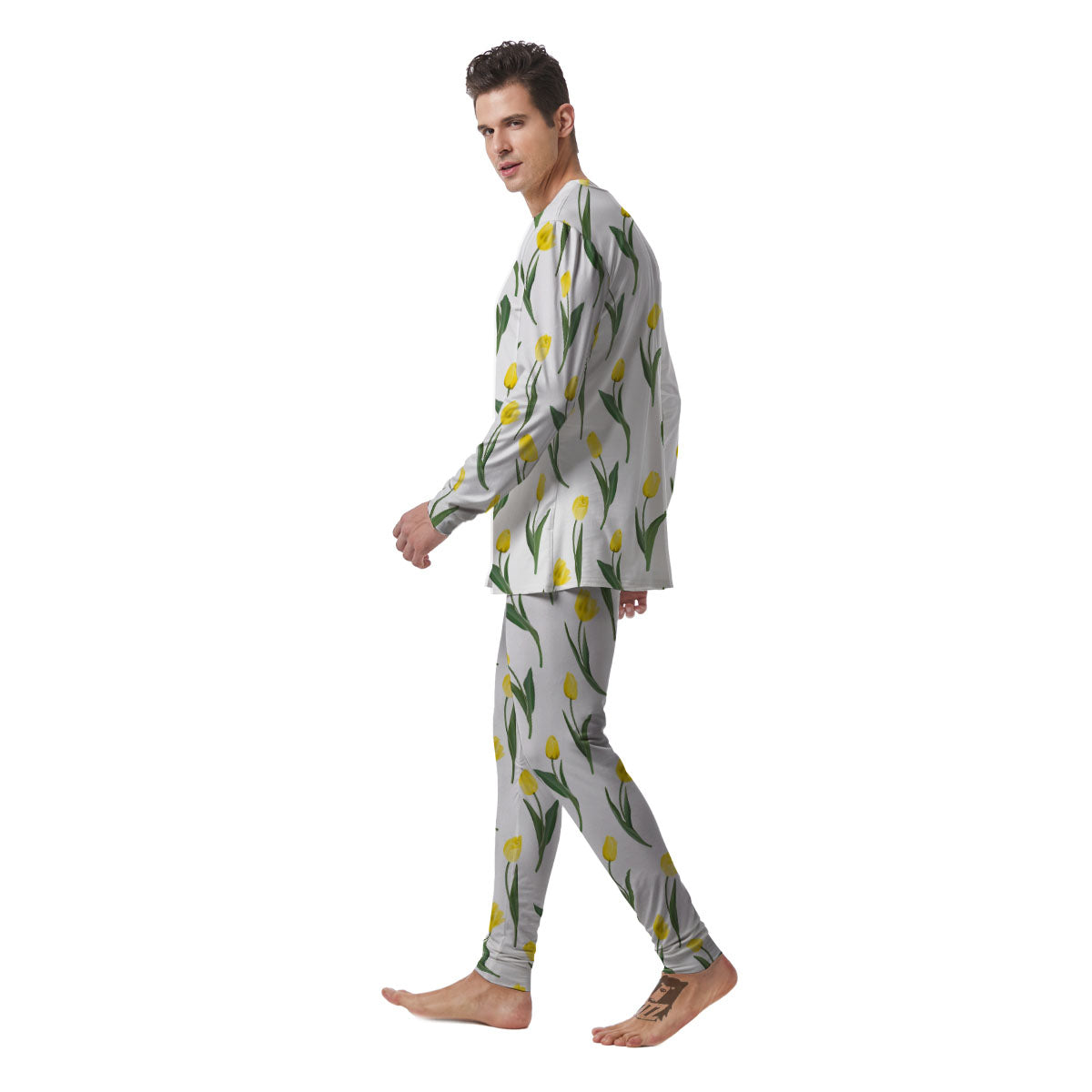 Flower Yellow Tulip White Print Pattern Men's Pajamas-grizzshop