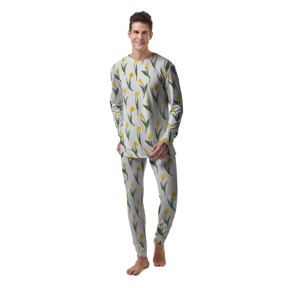 Flower Yellow Tulip White Print Pattern Men's Pajamas-grizzshop