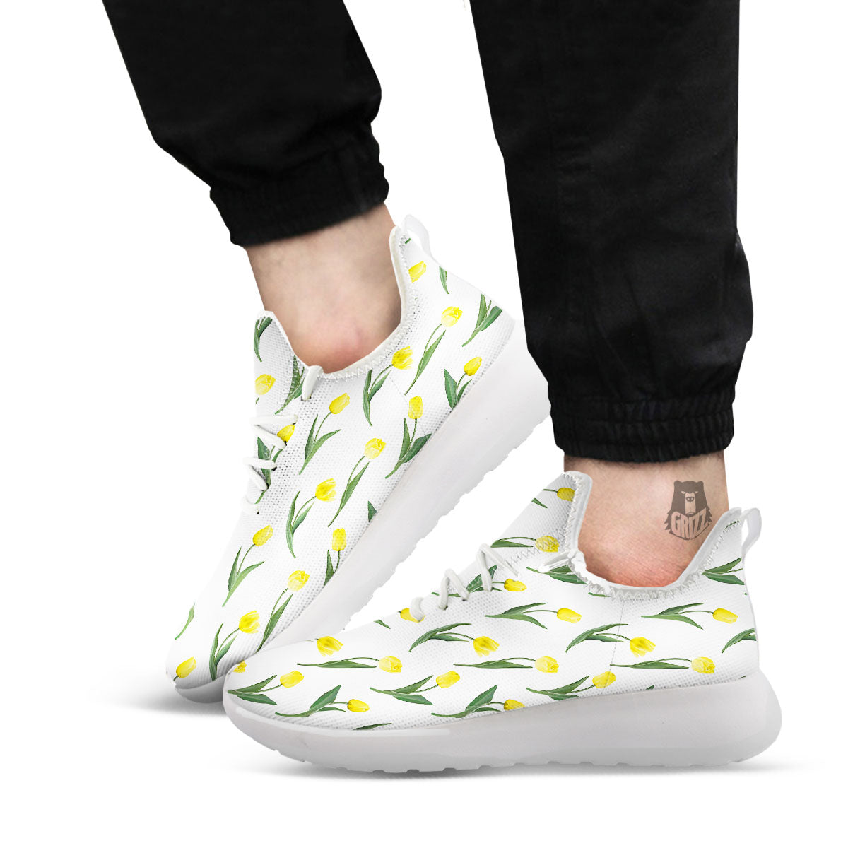 Flower Yellow Tulip White Print Pattern White Athletic Shoes-grizzshop