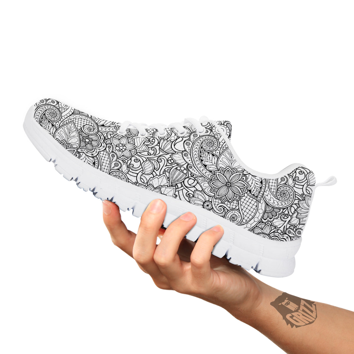 Flower Zentangle Print Pattern White Sneaker-grizzshop