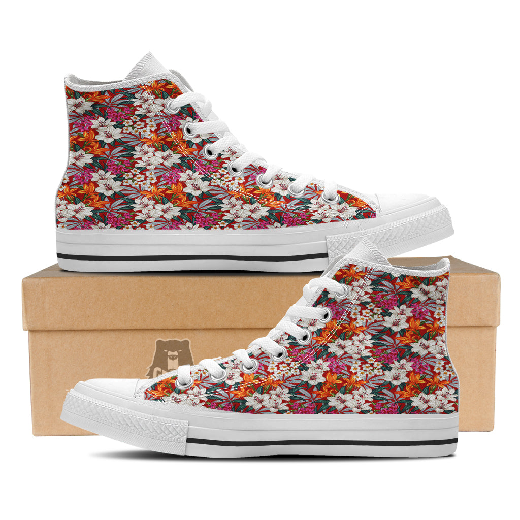 Flowers Aloha Hawaiian Print Pattern White High Top Shoes-grizzshop