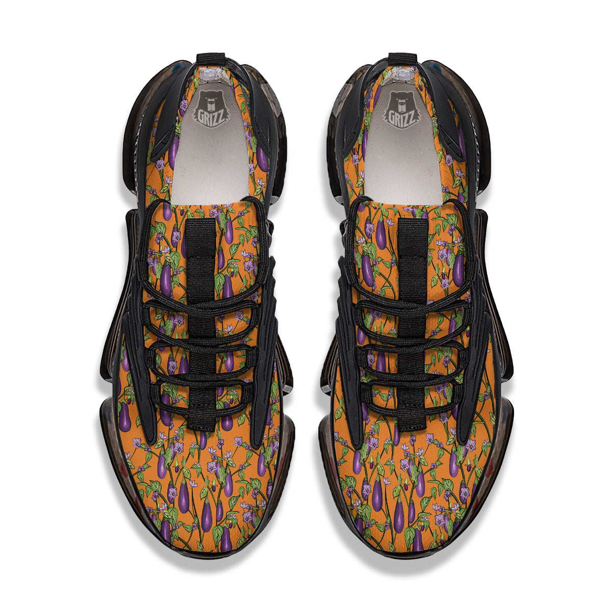 Flowers And Eggplant With Leaves Print Black Gym Shoes-grizzshop