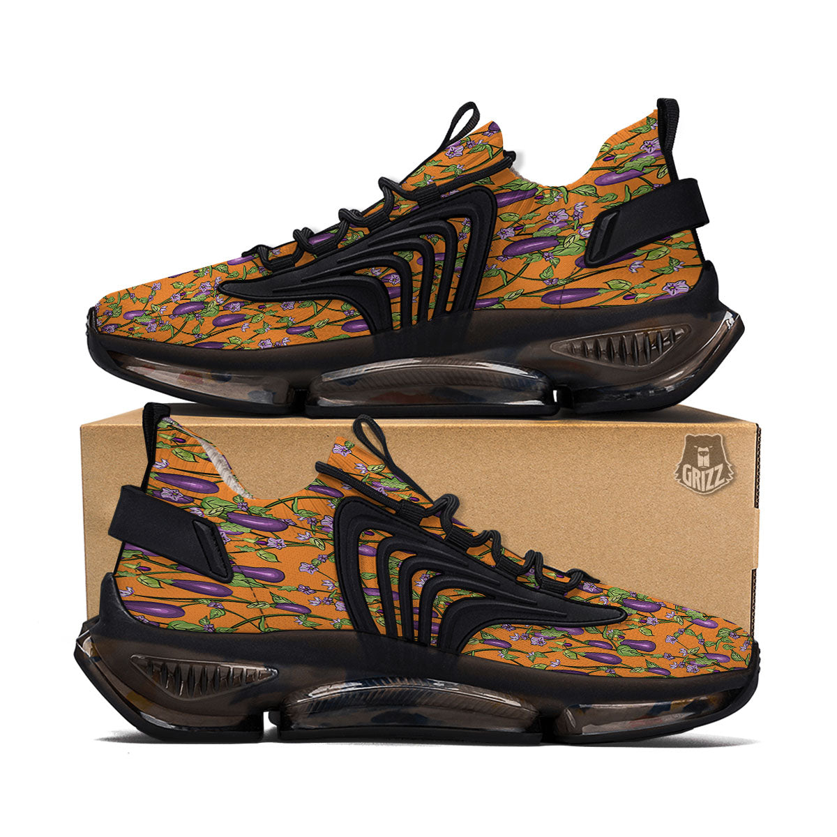 Flowers And Eggplant With Leaves Print Black Gym Shoes-grizzshop