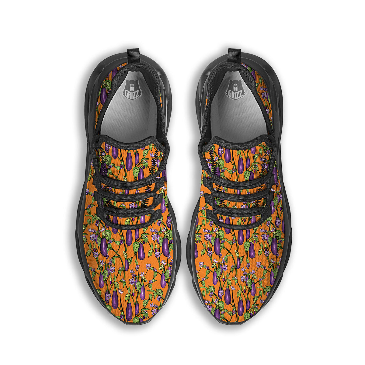 Flowers And Eggplant With Leaves Print Black Running Shoes-grizzshop