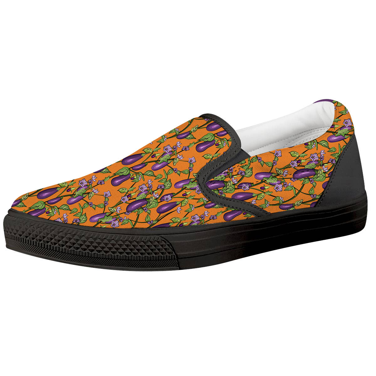 Flowers And Eggplant With Leaves Print Black Slip On Shoes-grizzshop