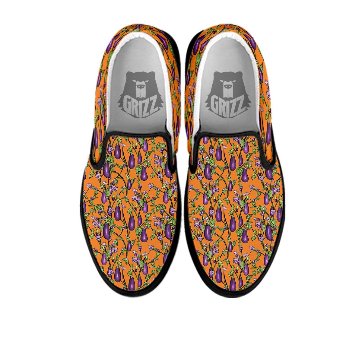 Flowers And Eggplant With Leaves Print Black Slip On Shoes-grizzshop