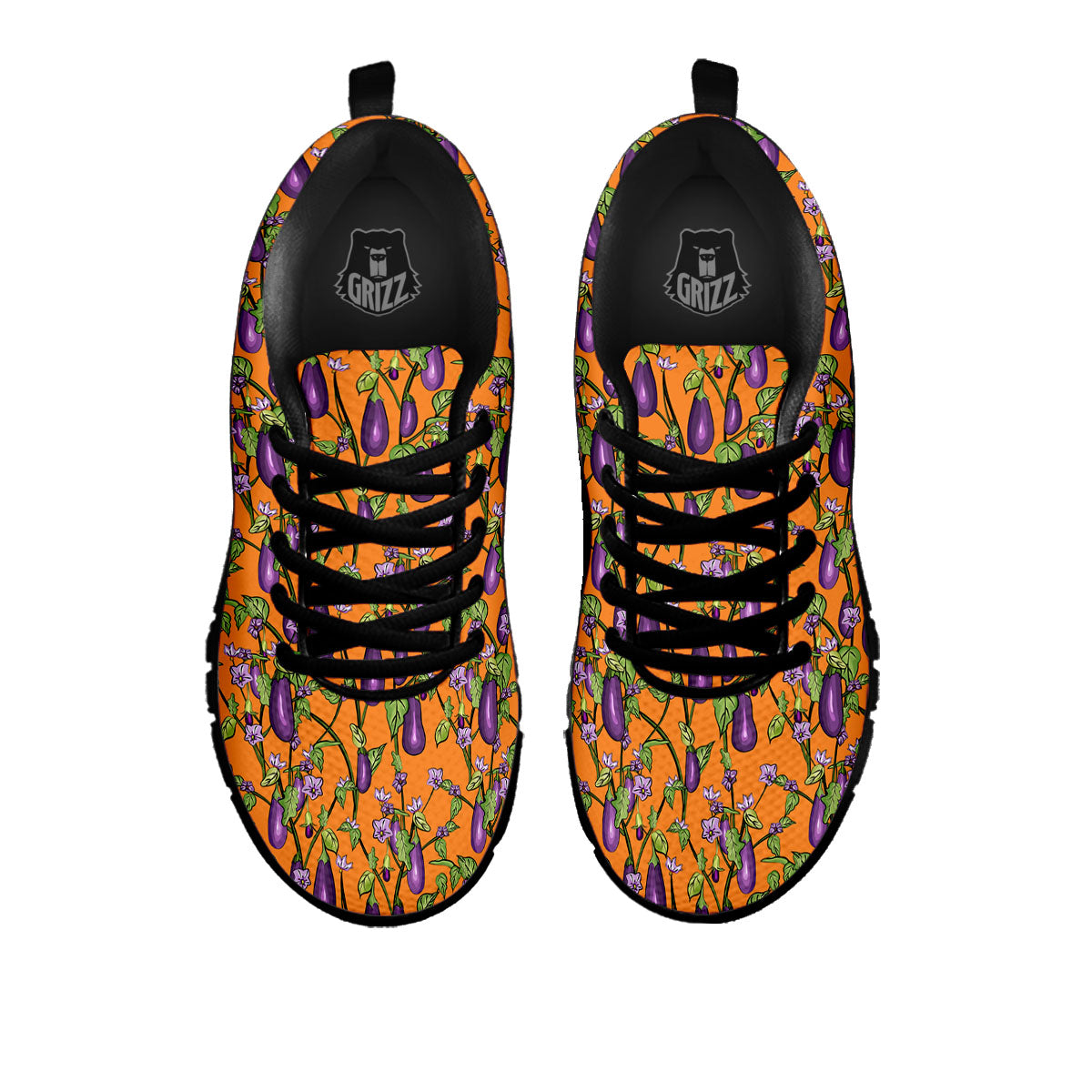 Flowers And Eggplant With Leaves Print Black Sneaker-grizzshop