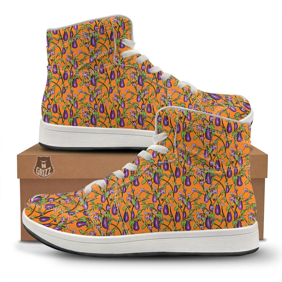 Flowers And Eggplant With Leaves Print High Top Sneakers-grizzshop