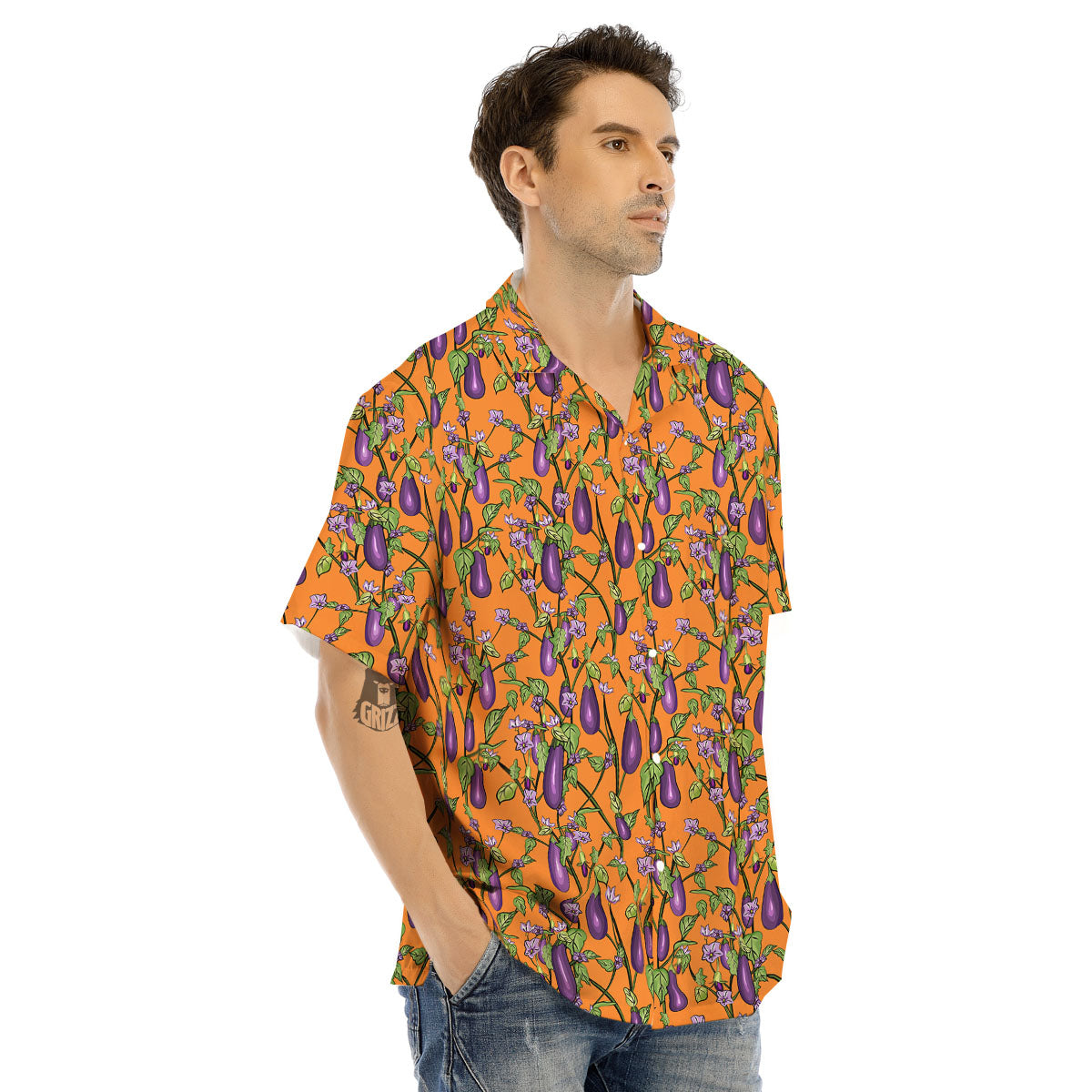 Flowers And Eggplant With Leaves Print Men's Hawaiian Shirt-grizzshop