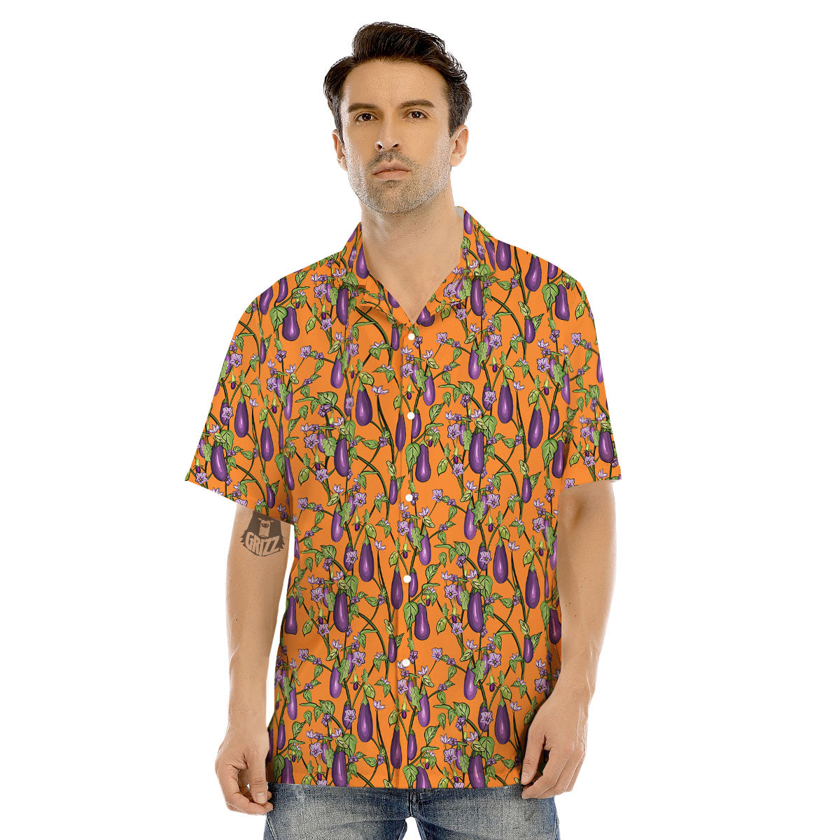 Flowers And Eggplant With Leaves Print Men's Hawaiian Shirt-grizzshop