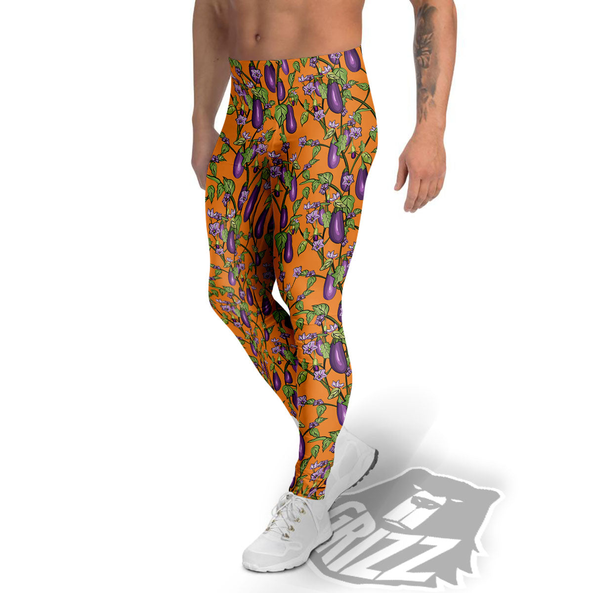 Flowers And Eggplant With Leaves Print Men's Leggings-grizzshop