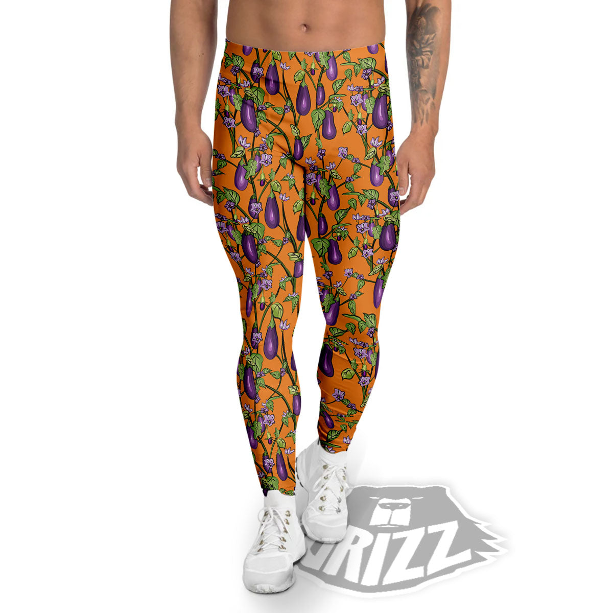 Flowers And Eggplant With Leaves Print Men's Leggings-grizzshop