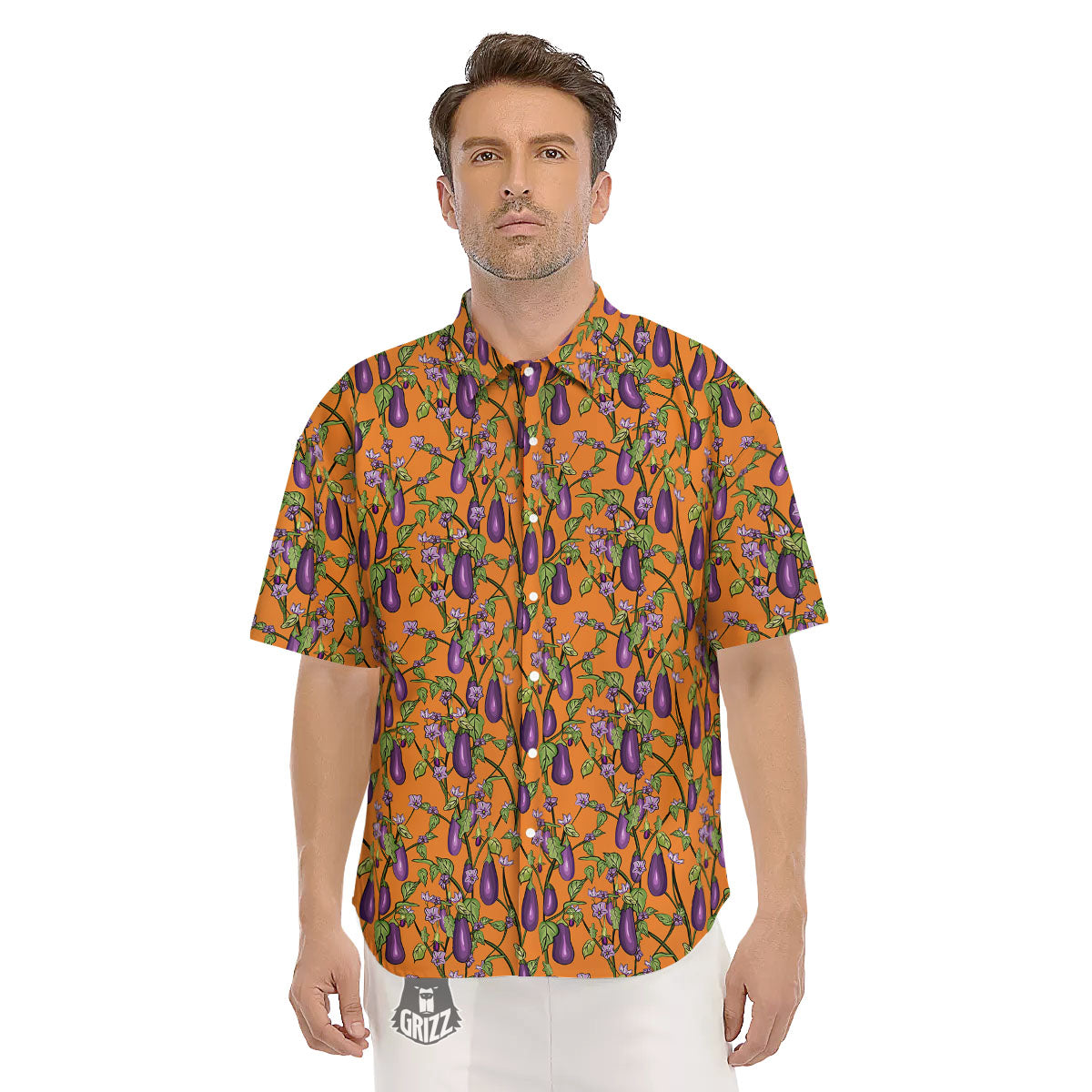 Flowers And Eggplant With Leaves Print Men's Short Sleeve Shirts-grizzshop