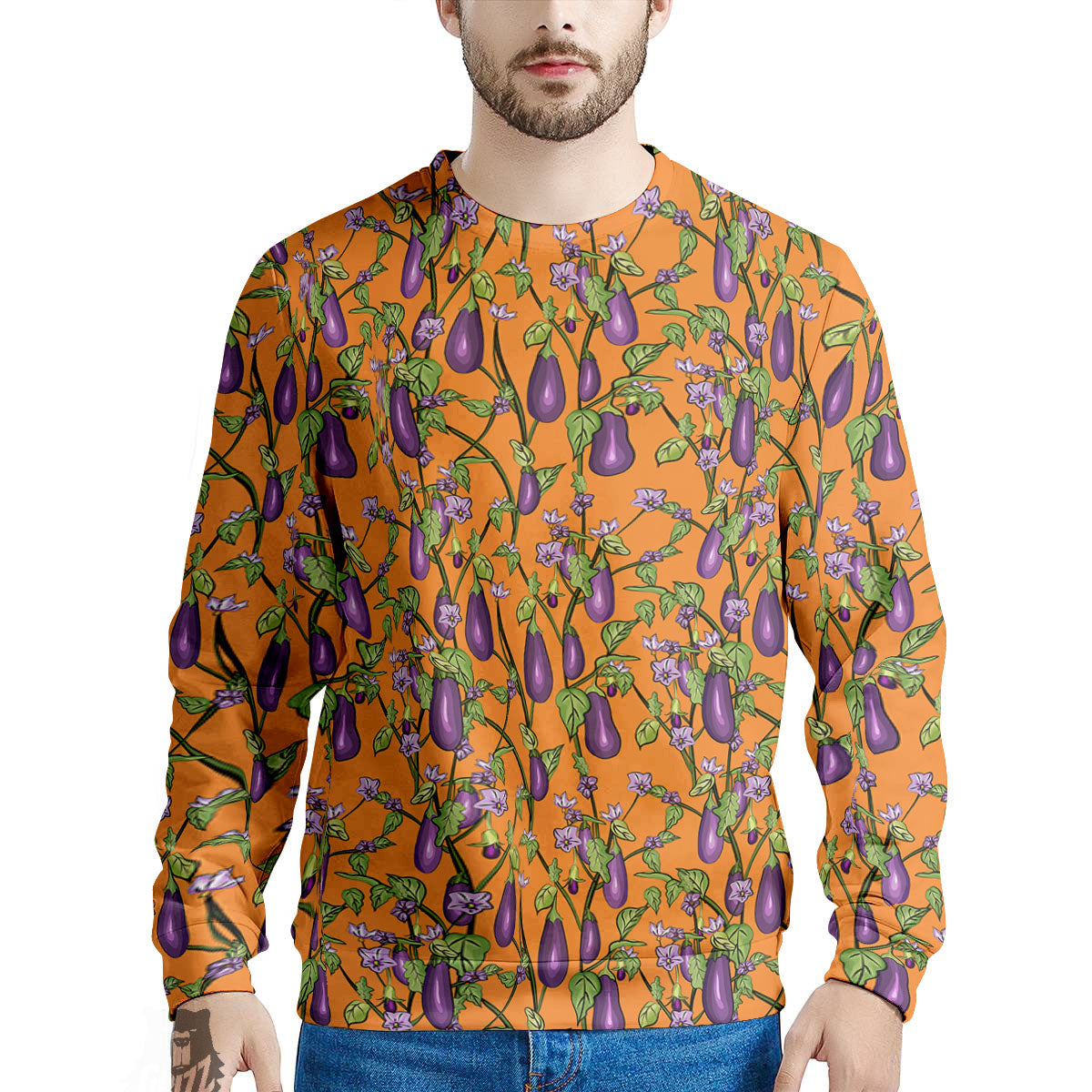 Flowers And Eggplant With Leaves Print Men's Sweatshirt-grizzshop