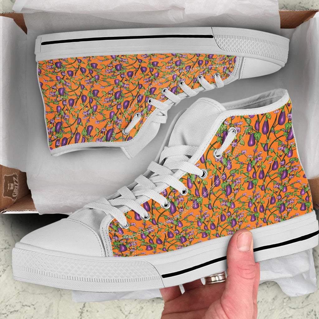 Flowers And Eggplant With Leaves Print White High Top Shoes-grizzshop