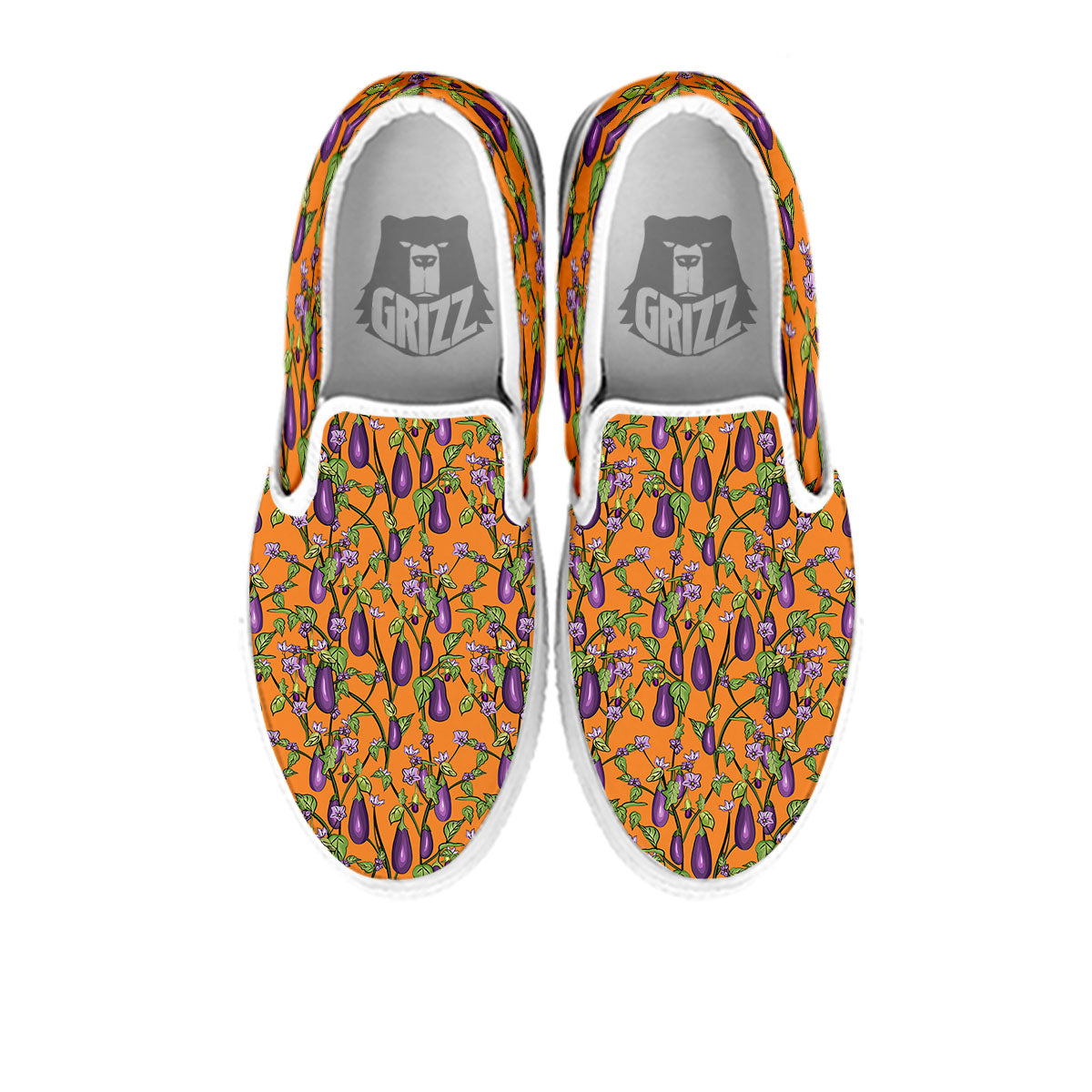 Flowers And Eggplant With Leaves Print White Slip On Shoes-grizzshop