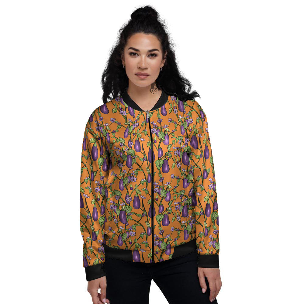 Flowers And Eggplant With Leaves Print Women's Bomber Jacket-grizzshop