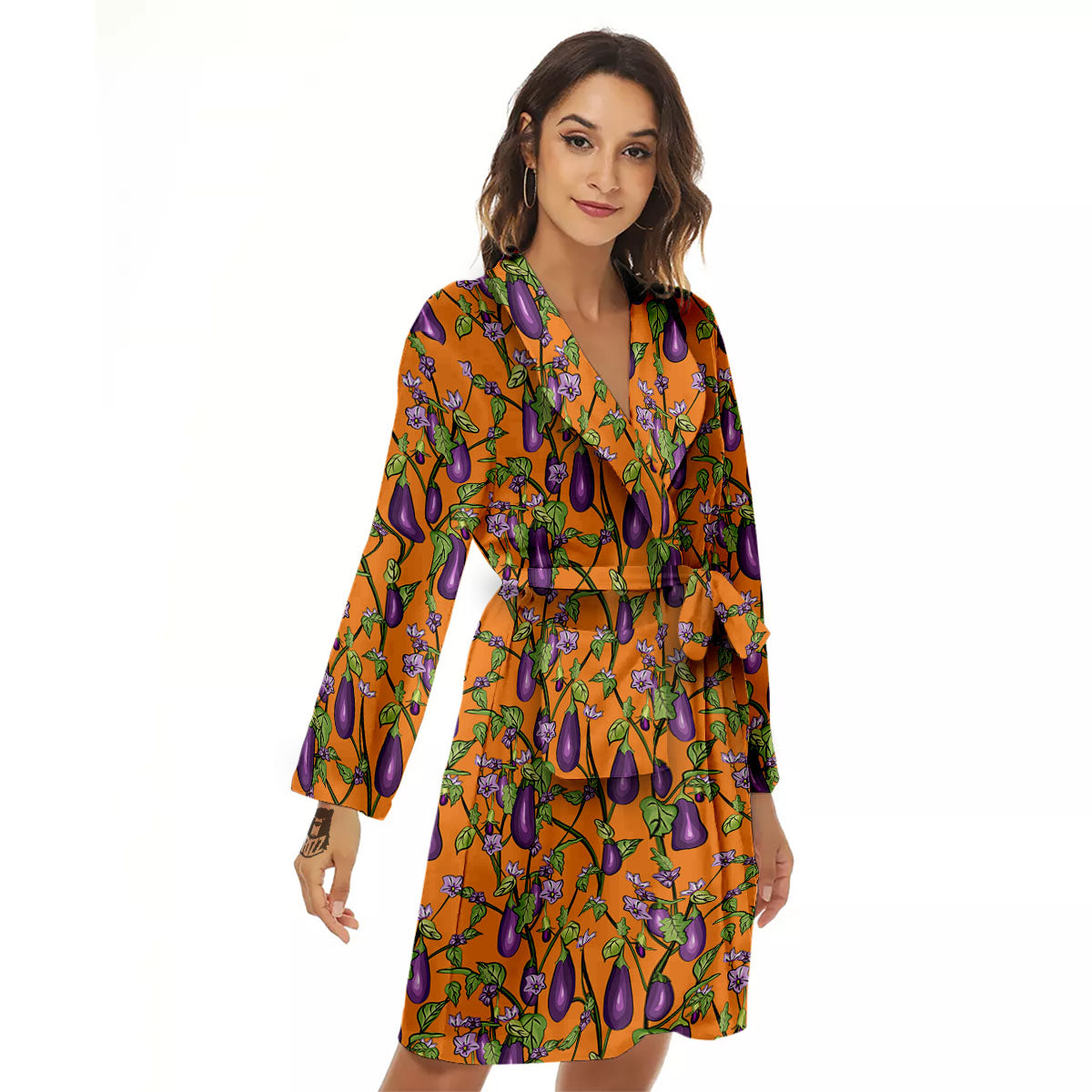 Flowers And Eggplant With Leaves Print Women's Robe-grizzshop