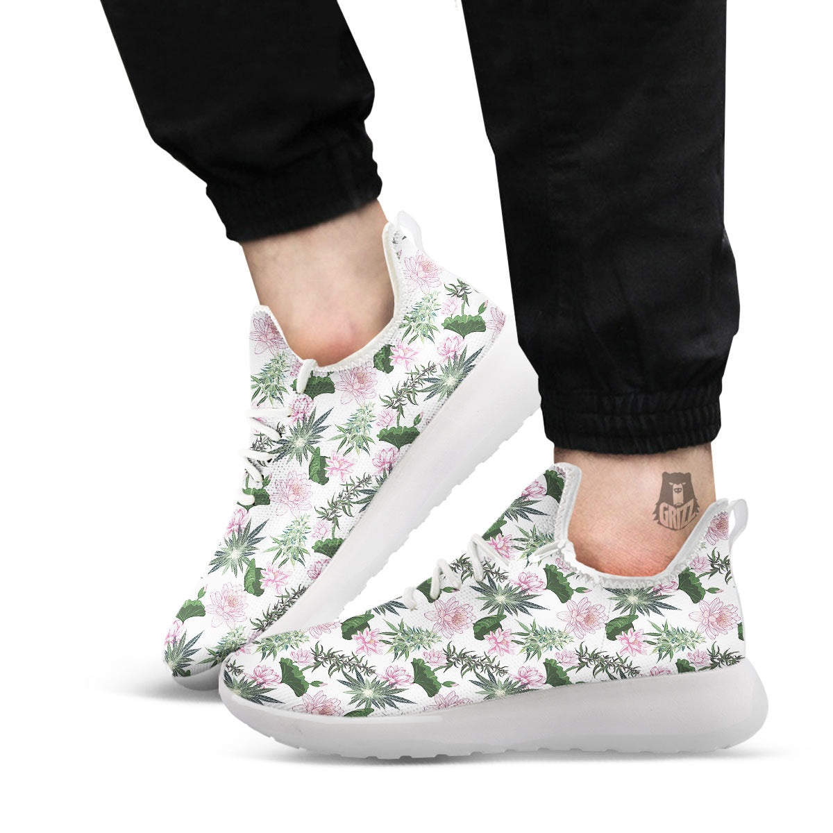 Flowers And Hemp Leaves Print Pattern White Athletic Shoes-grizzshop